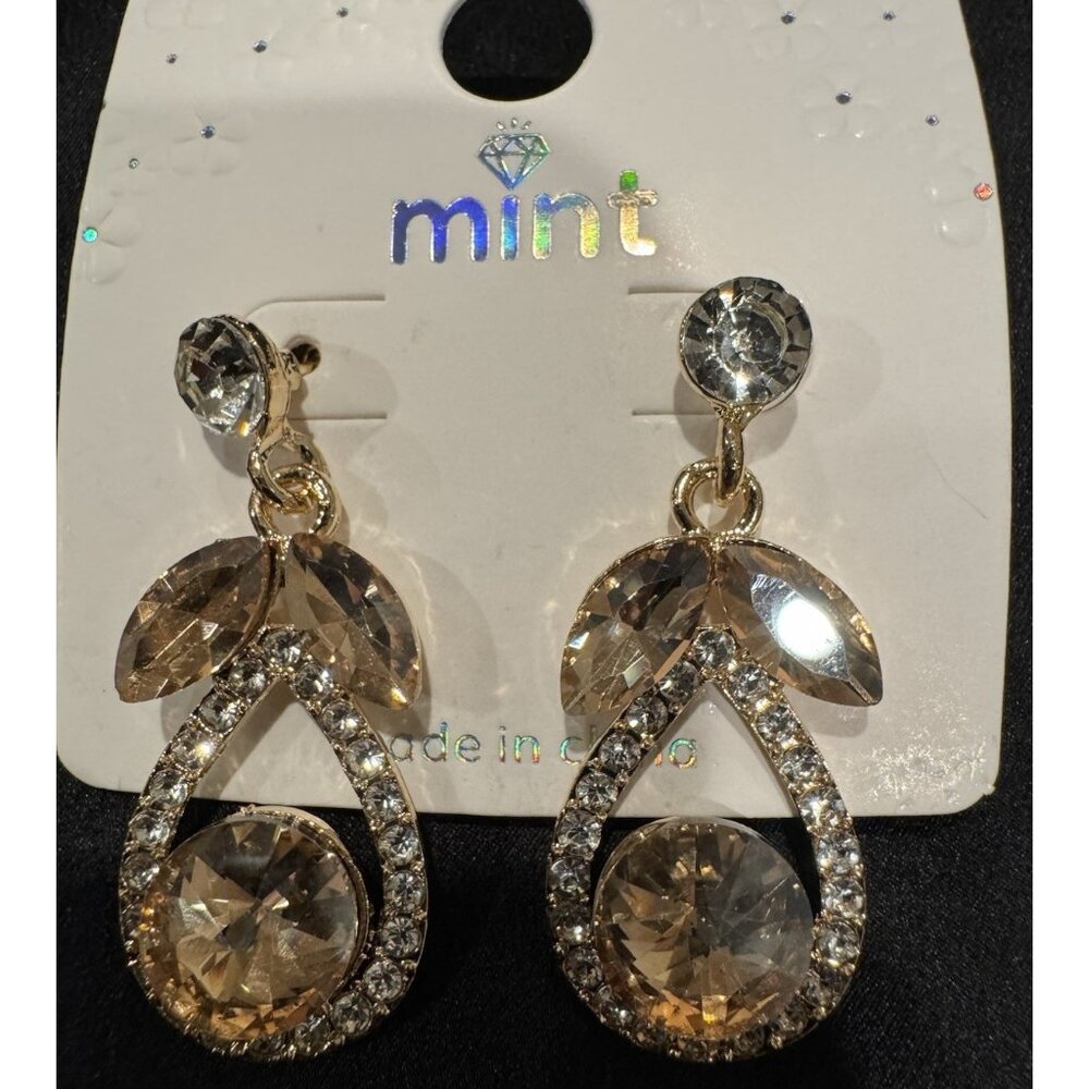 Mint Faux Amber Gold Crystal Rhinestone Earrings Party Wedding Cruise NEW